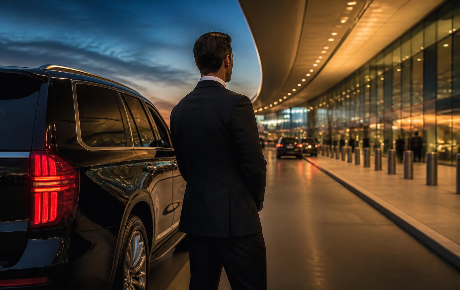 Chauffeur in a dark suit beside a black luxury SUV at an airport arrivals curb