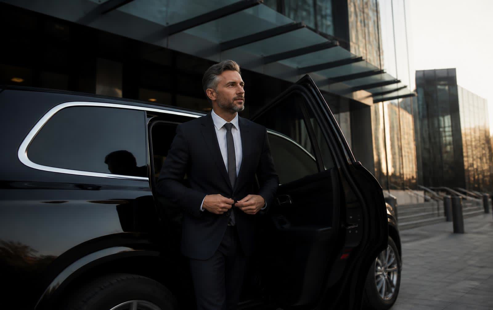 Executive in a dark suit stepping out of a black luxury SUV at an office building