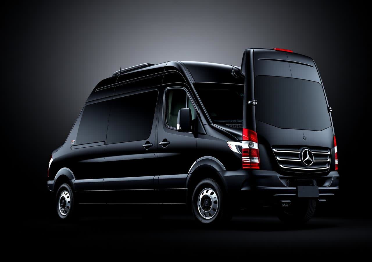 Black Mercedes-Benz Sprinter luxury passenger van photographed against a dark studio background